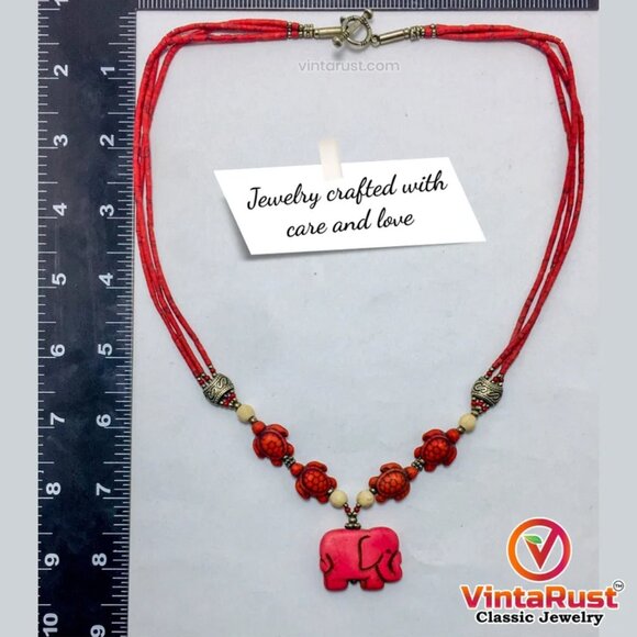 Beaded Multilayer Necklace With Dangling Elephant Shape Pendant - Picture 6 of 6